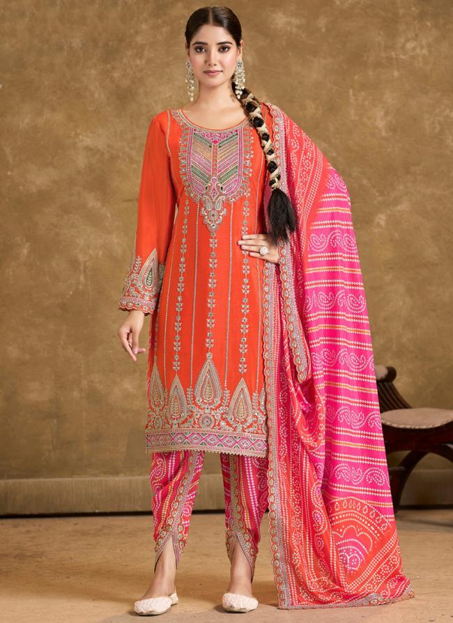 Chinnon Orange Wedding Wear Embroidery Work Readymade Afghani Pant Suit